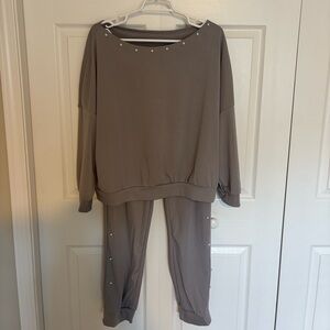 Stylish Gray Joggers and Top with Pearl Accents